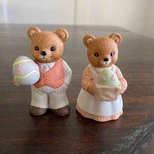 Vintage Homco Easter Bear Figurines Set of 2 Porcelain Spring Decor 3" Egg